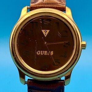 GUESS Vintage 1996 Quartz Wristwatch Mirror Dial Japan Movt Leather Band Working